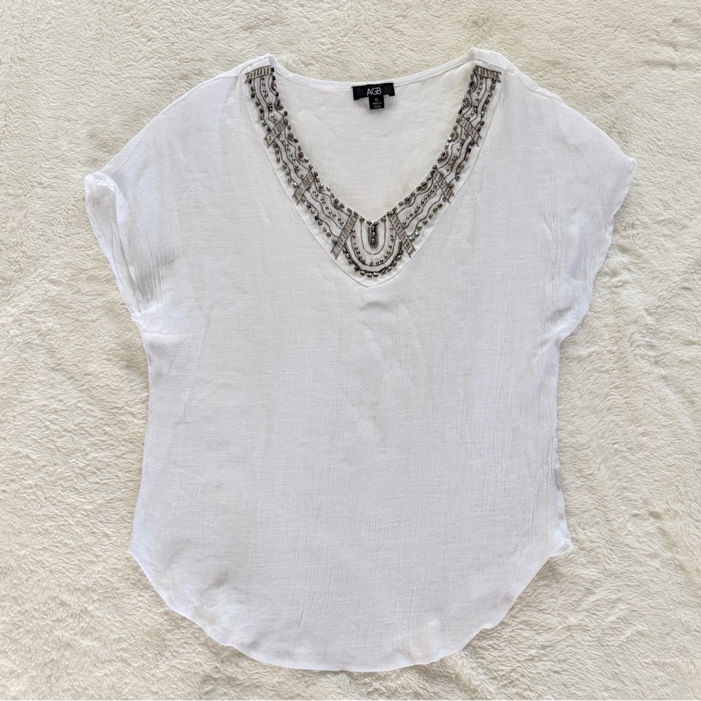 AGB Gauze Blouse with Embellished Beaded Neckline White Silver Size XL
